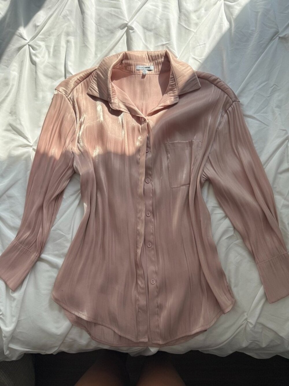 Fashion Nova Pleated Satin Button-Down Shirt Nude Pink Silk Shiny Blouse